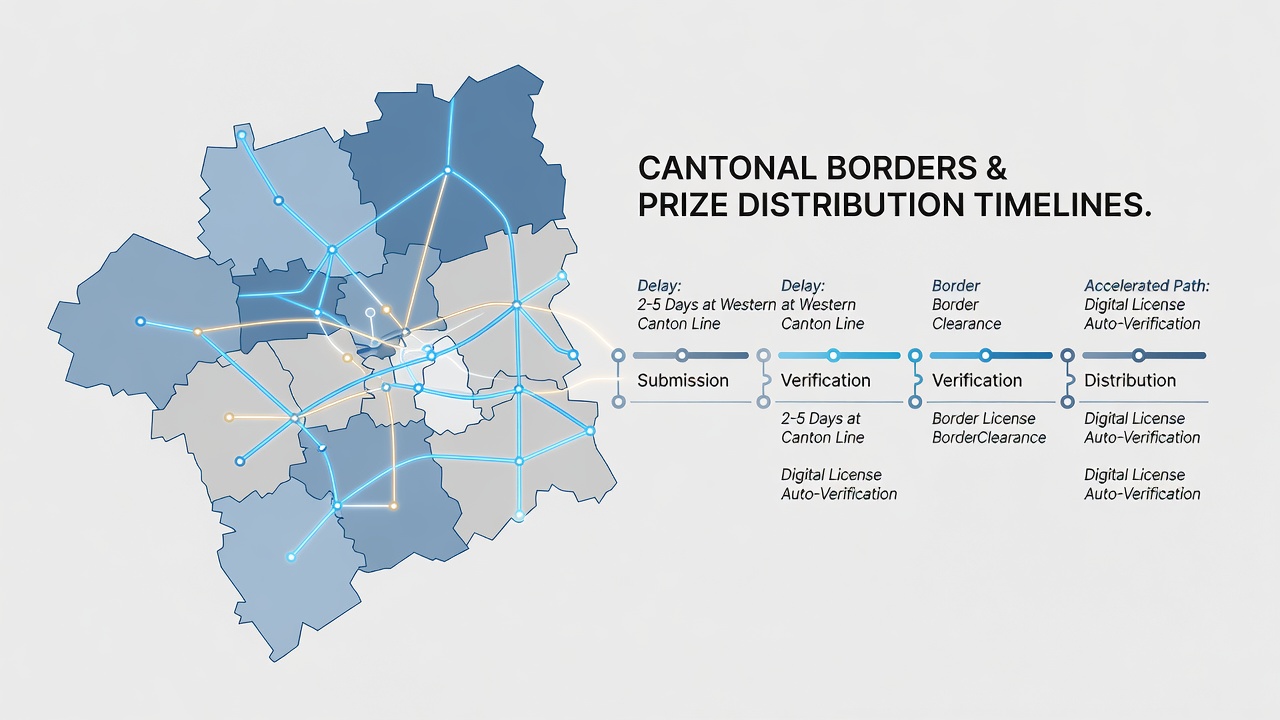 Diagram showing prize pool synchronization across Swiss cantons in a digital gaming network
