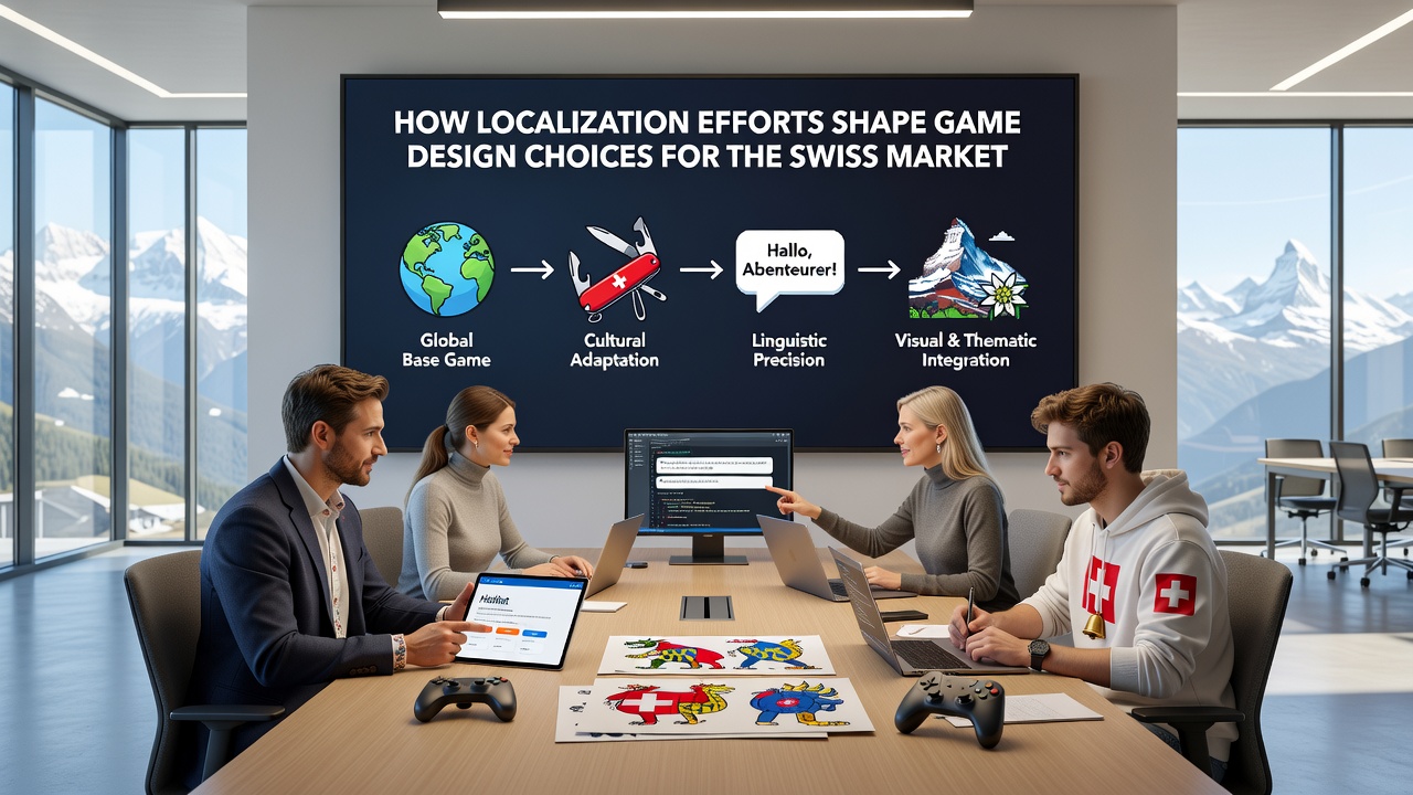 Game developers reviewing localized UI elements for Swiss language versions on multiple screens