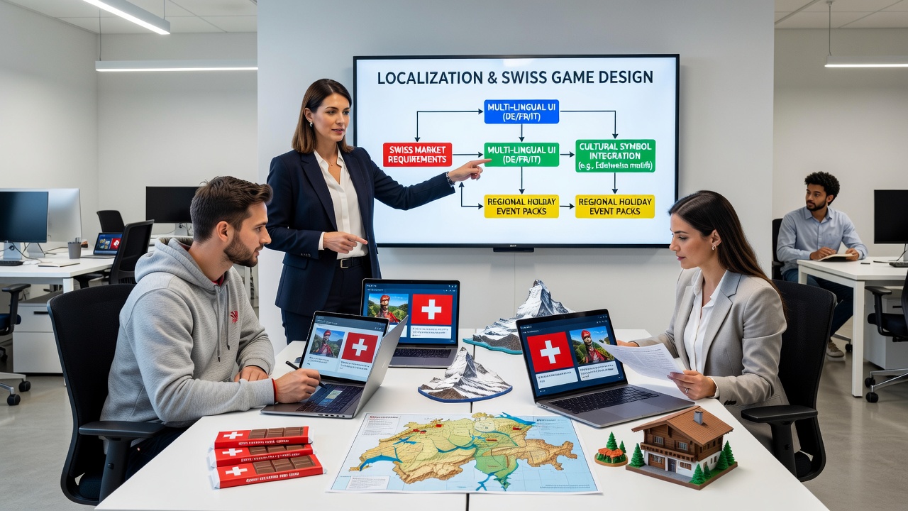 Localization team testing cultural adaptations in a game environment with Swiss regional references