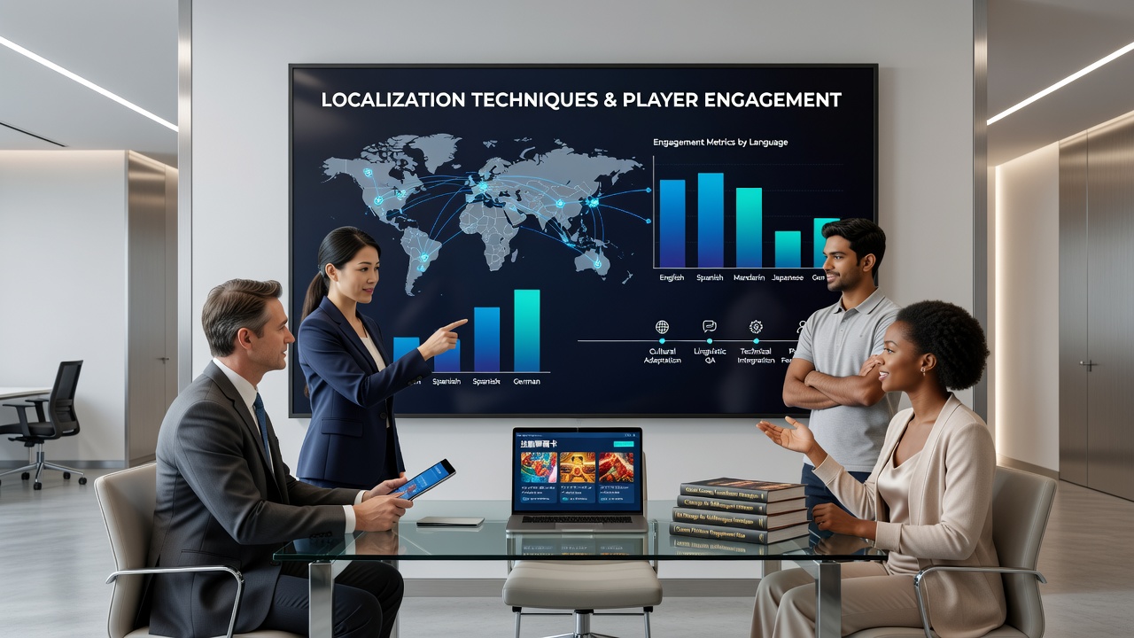Team of localization specialists reviewing cultural adaptations for casino game interfaces on multiple devices