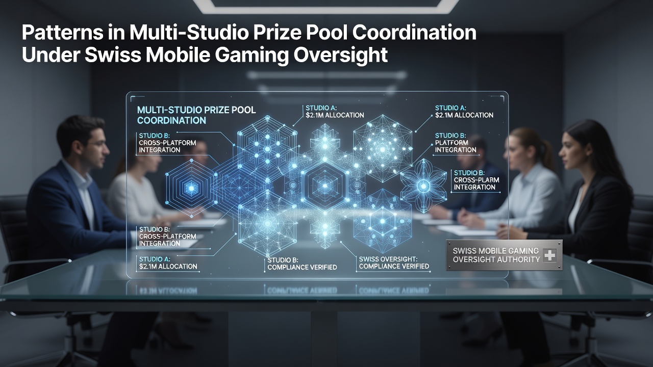 Visual representation of interconnected prize pool networks across multiple Swiss-licensed mobile gaming studios