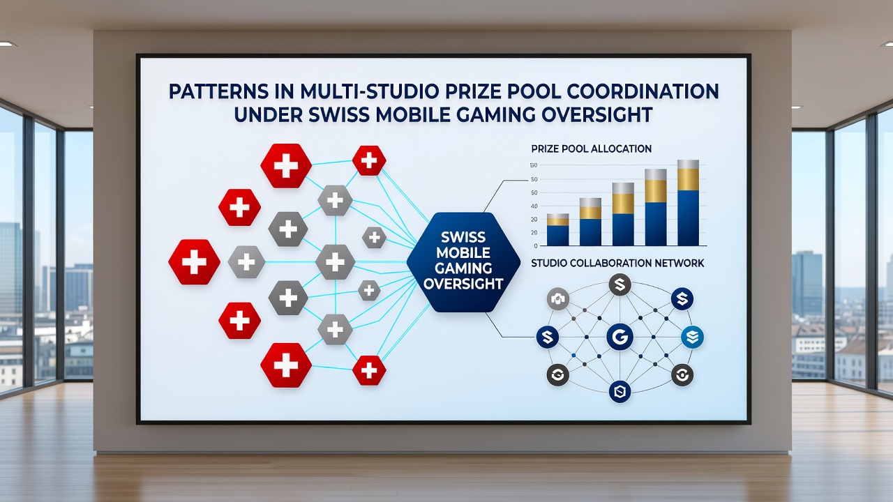 Diagram showing data flow between game studios and Swiss regulatory oversight systems for prize pool management