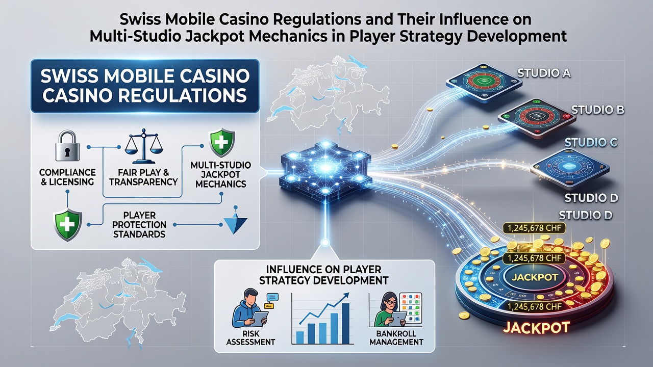 Swiss mobile casino interface displaying multi-studio jackpot progress bars under regulatory compliance indicators