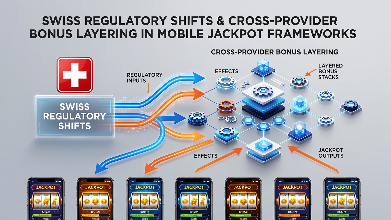 Swiss regulatory framework diagram showing mobile jackpot integrations across providers