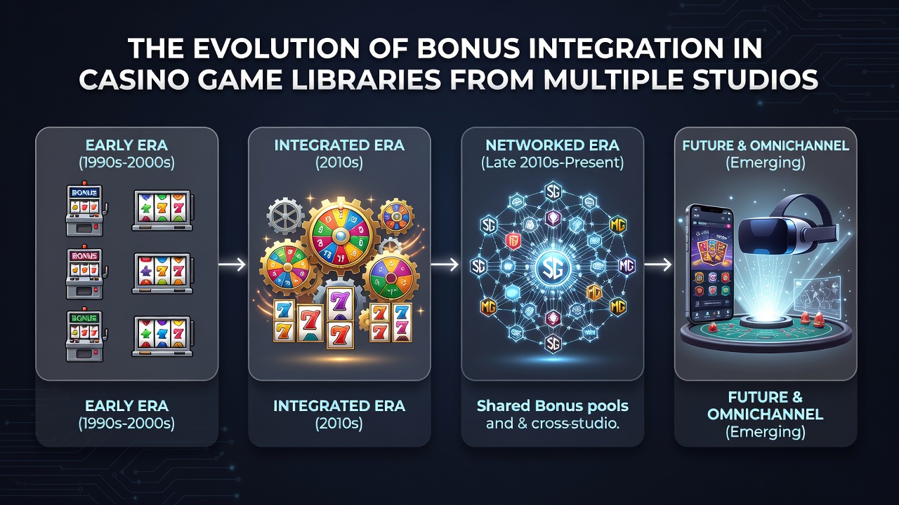 Historical timeline showing casino game libraries expanding from single studio titles to integrated multi-studio bonus systems across digital platforms