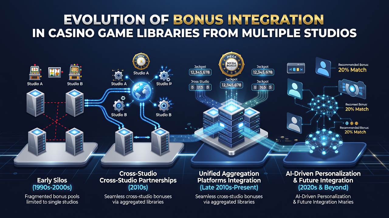 Modern casino interface displaying unified bonus meters drawing contributions from games developed by several independent studios