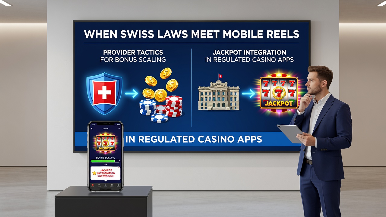Mobile casino app interface showing Swiss-regulated slot reels with bonus features and jackpot meters